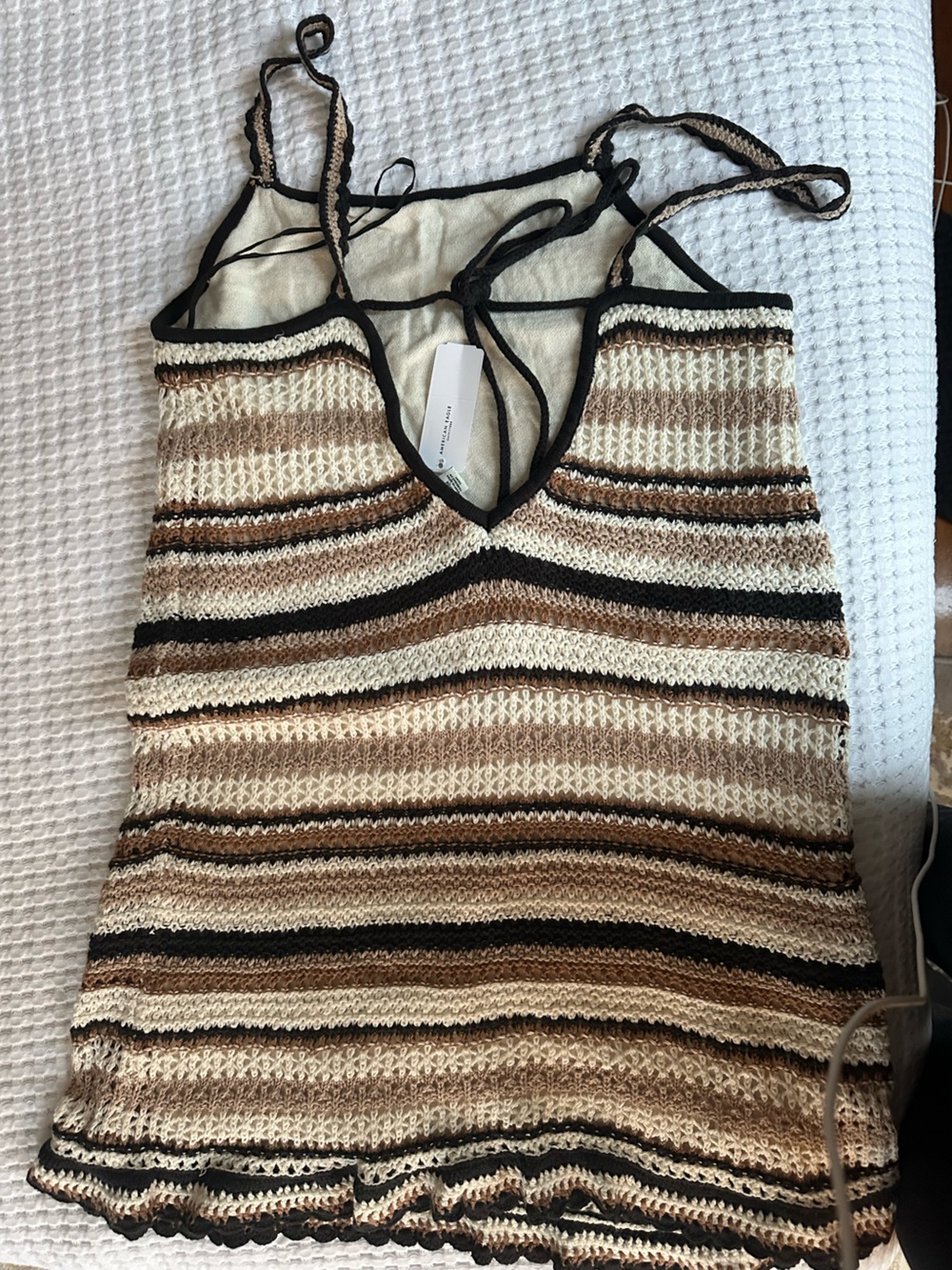 Striped Crochet Knit Tank dress in Cream, Beige & Black